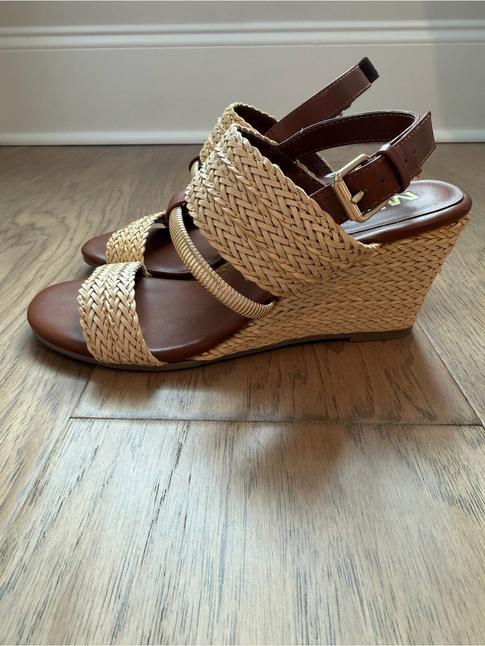 MIA Natural Straw Wedge Sandals with Brown Leather Straps